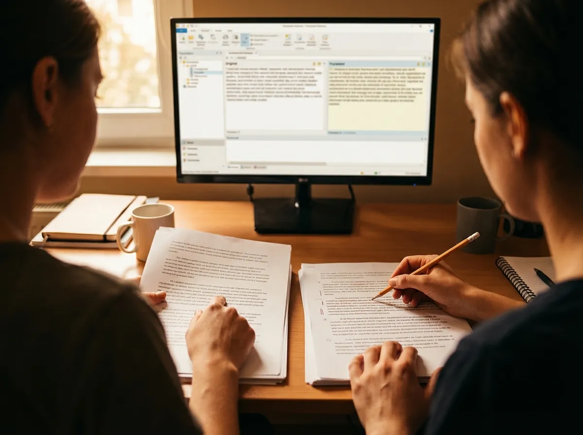 İki tercüman orijinal belge ile çeviriyi karşılaştırarak kalite kontrolü yapıyor