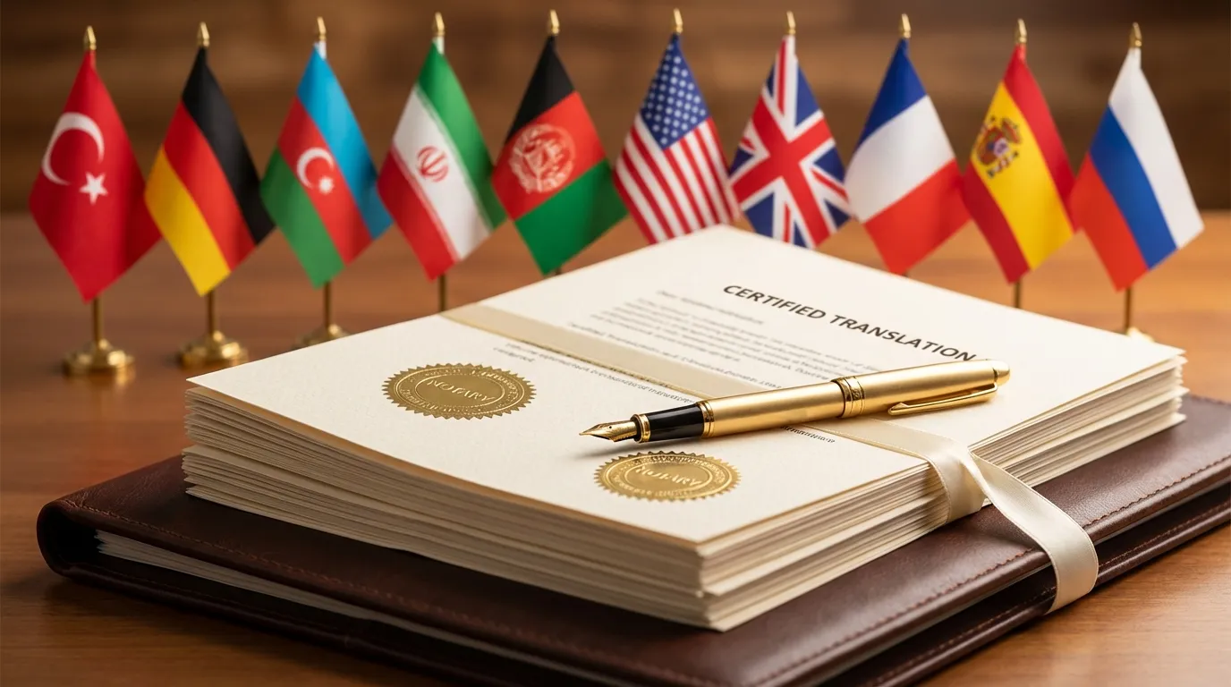Onaylı çeviri belgeleri ve uluslararası bayraklar - çok dilli tercüme hizmeti