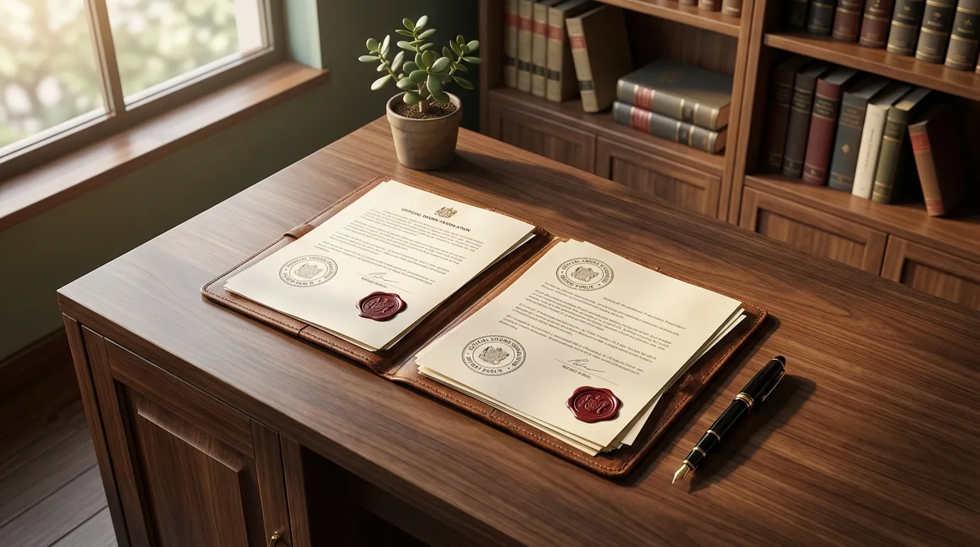 Yeminli tercüme bürosu çalışma masası - noter mühürlü resmî belgeler ve dolma kalem