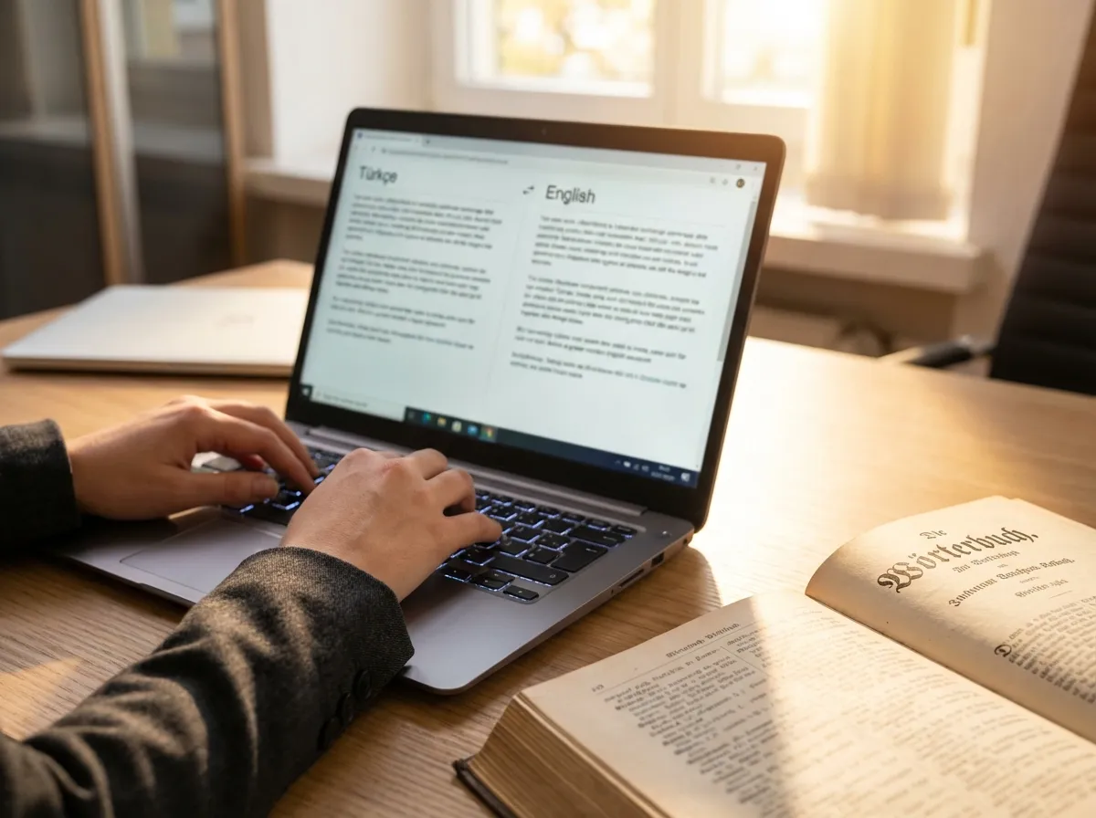 Profesyonel tercüman bilgisayarda çeviri yazılımıyla çalışıyor