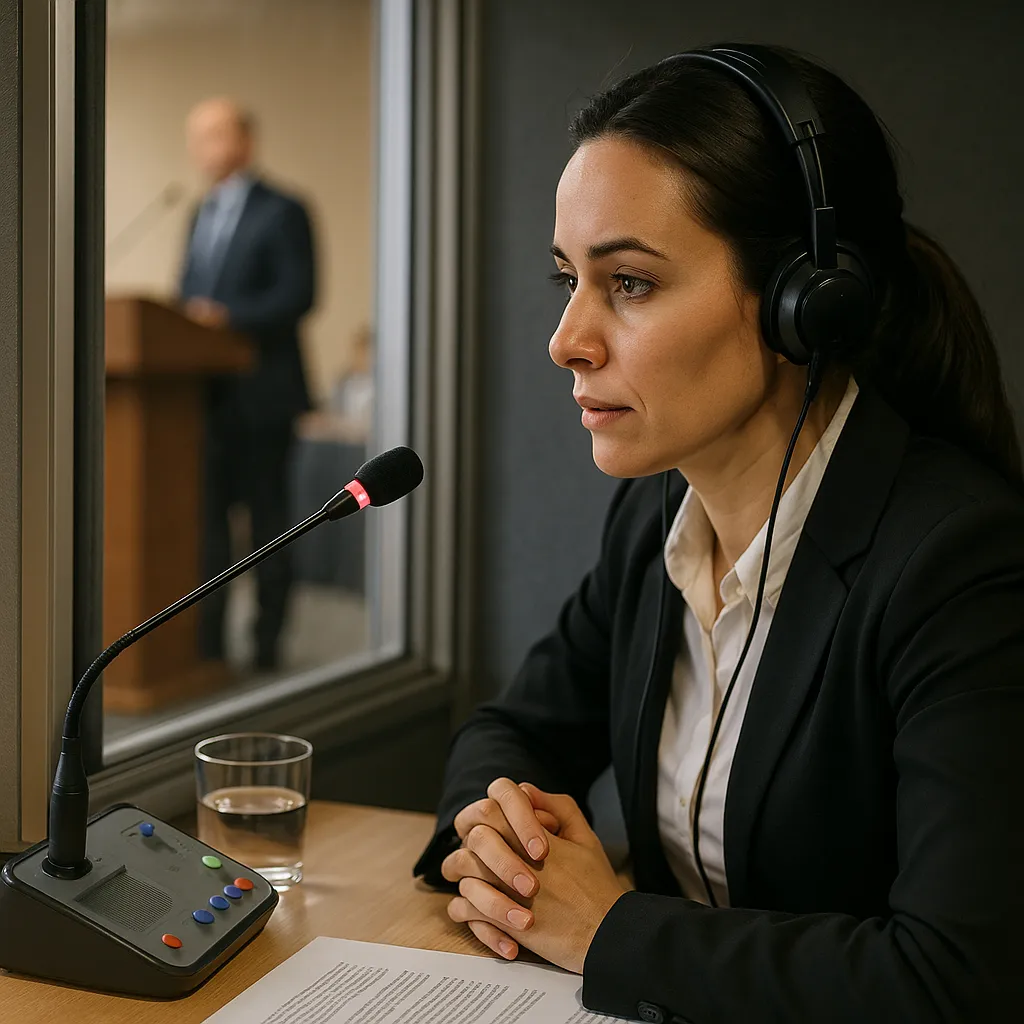 Simultane tercüme kabininde profesyonel kadın tercüman - sözlü çeviri hizmeti