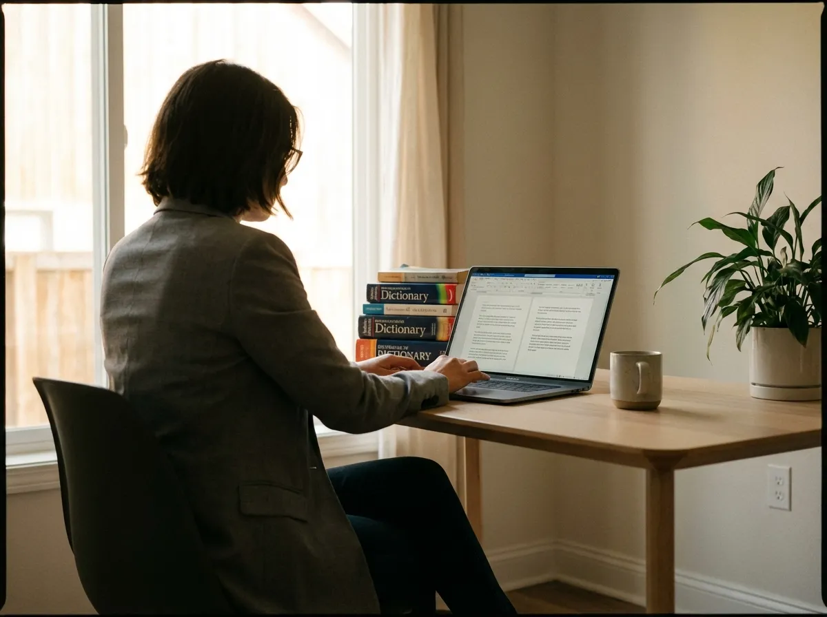 Profesyonel tercüman bireysel çalışma ortamında çeviri yapıyor