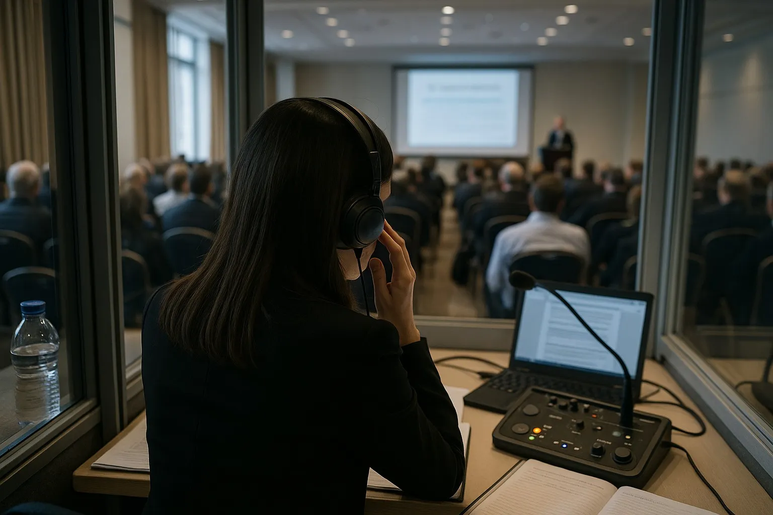 Uluslararası konferansta simultane tercüman çalışırken