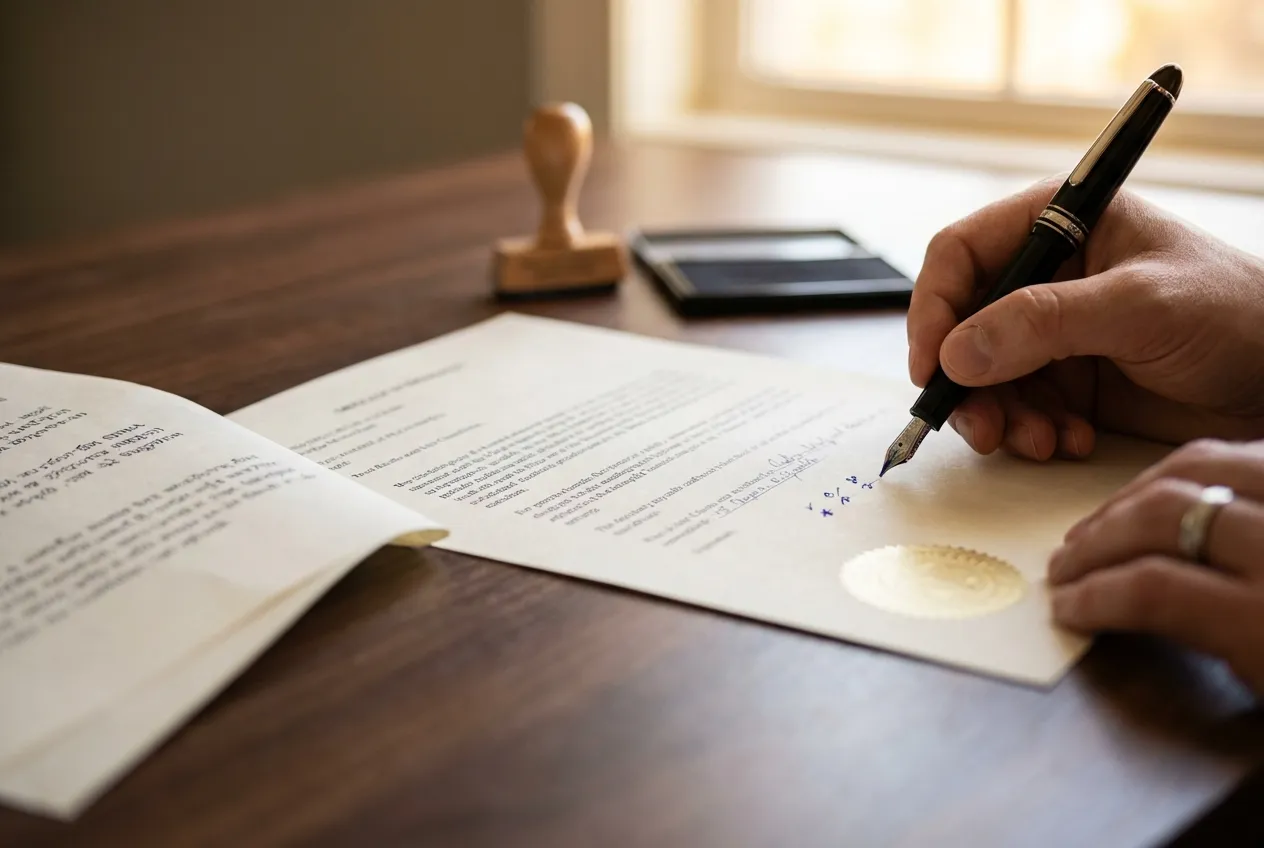 Yeminli tercüman noter onaylı belge üzerinde çeviri yapıyor